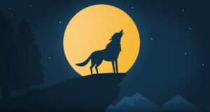 A lone wolf howling on a hill with a full moon in the background